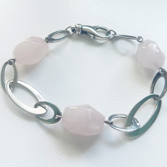 Large Rose Quartz stones and Sterling Silver oval link bracelet - Picture 5 of 5